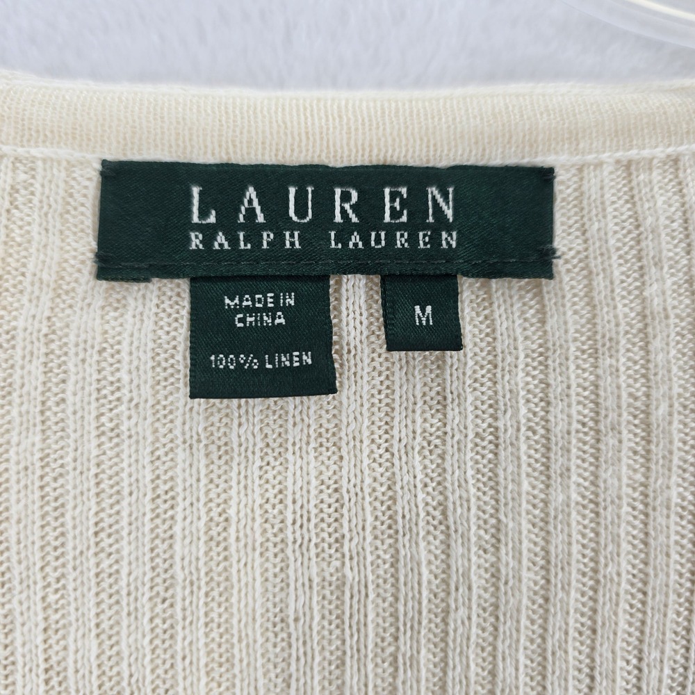 Lauren Ralph Lauren Top Womens M Shirt Cream Ruffle V-Neck 100% Linen Ribbed A2 - Picture 2 of 7
